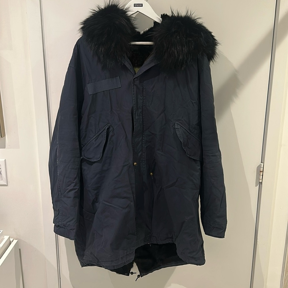 Mr & Mrs Italy Navy Blue Jacket Black Fur. The inside and the hood is fur!